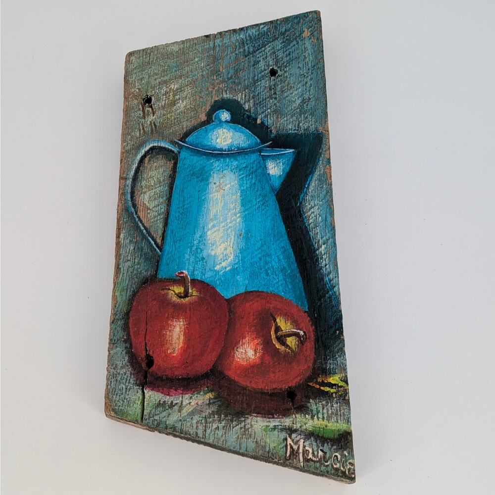 Handmade Art Painted Reclaimed Wood Folk Art Kettle Apple Still Life VTG Signed